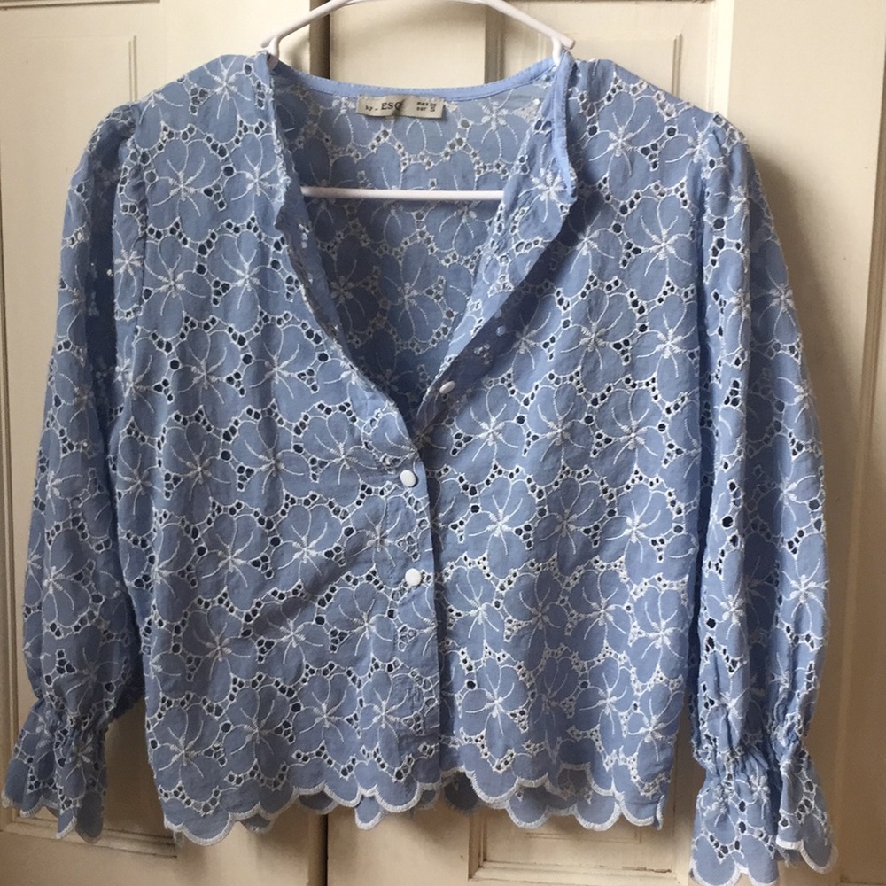 Anthropologie blue button down lace shirt cropped